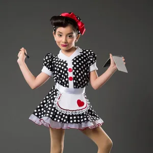 Dance Costume Kids Girls Recital White And Black Polka Dot Waitress Charactor Tap And Jazz Dance Costume