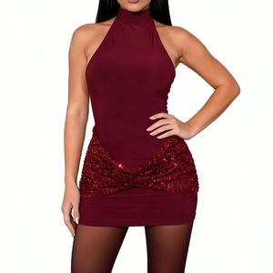 Vestido mini ajustado de lentejuelas con cuello halter para mujer, sin espalda, fruncido, para fiesta, club y citas, a la moda - Product Image 4