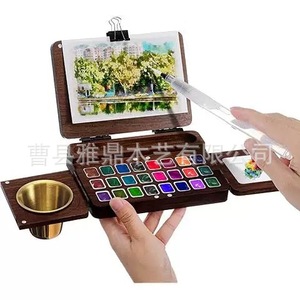 Paleta de pintura de madera plegable, tablero de arte de madera maciza portátil con juego de acuarelas para dibujar en viajes - Product Image 1