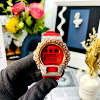 Jam Tangan Digital Tali Karet Merah dengan Bezel Moissanite VVS Casing Perak Pria Tahan Air 20BAR Gaya Fashion Mewah