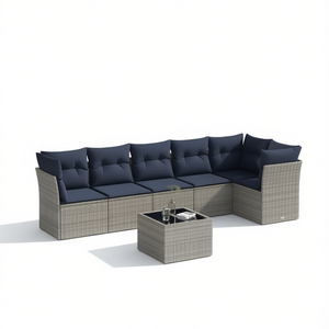 Conjunto de Sofás de Patio de Ratán Sintético Gris con Cojines, 6 Plazas, Muebles de Jardín para Exteriores, Diseño Contemporáneo - Product Image 1