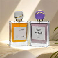 Flacon de parfum vide rectangulaire transparent de 30 ml, 50 ml, 100 ml avec bouchon sphérique artistique de différentes couleurs en verre