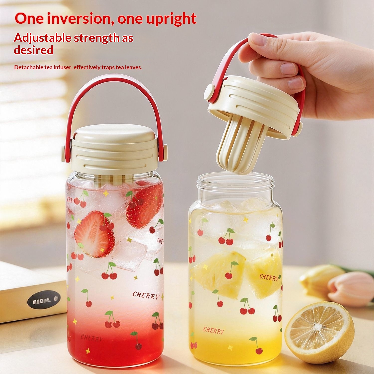 Women's High Borosilicate Glass Cup Handle Large Capacity Tea Separation Cold Brew Cherry Pattern Sealing Cap Dishwasher view 2