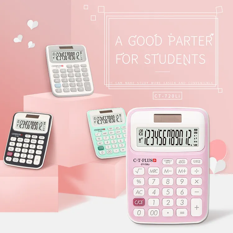 Bộ quà tặng giáng sinh dễ thương màu hồng máy tính 12 chữ số calculadora calculatrice LCD túi nhỏ máy tính nhỏ cho sinh viên kinh doanh