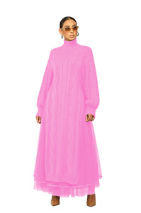 Robes pull d'hiver de haute qualité femmes pull en maille décontracté Patchwork à manches longues robes tricotées longues pour dames - Product Image 2