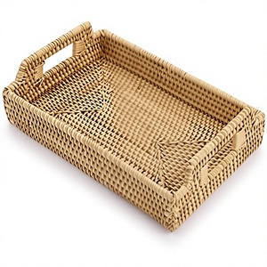 Handwoven Rattan Serving <b>Tray</b> with Handles Rectangular Wicker <b>Basket</b> Breakfast Tea Coffee Tabletop Storage Decorative Organizer - Product Image 1