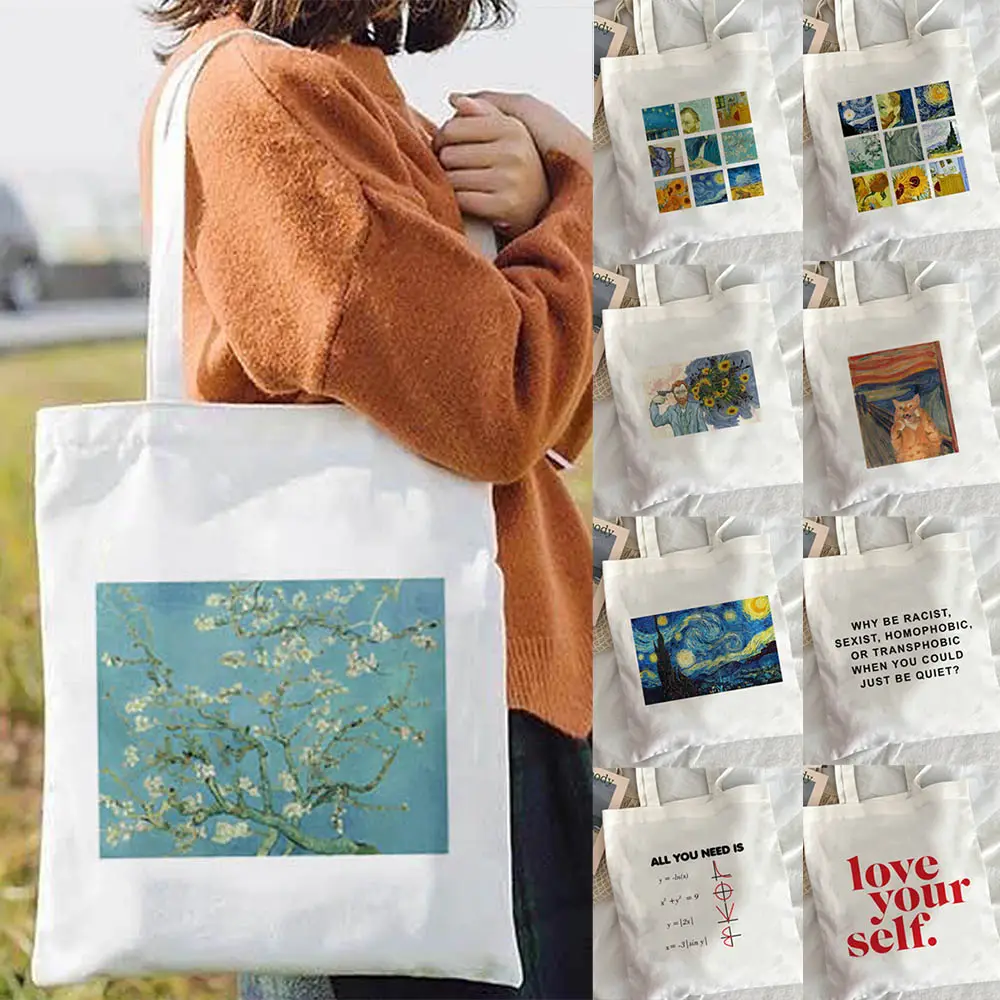 לוגו מודפס ואן גוך Shopper תיק אמנות שמן ציור גרפי בד כתף תיק חמוד נשי Harajuku Tote לשימוש חוזר קניות תיק