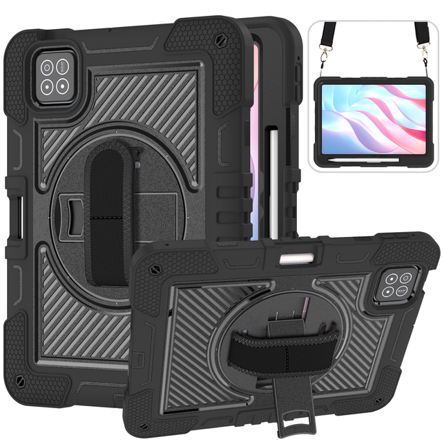 Heavy-Duty Silicone+PC Tablet Cover for Pad 7/7 Pro 11.2 Inch 360 Rotating Stand Crossbody Strap 3-in-1 Rugged Layers