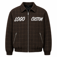 Veste en laine mélangée à 50% pour homme avec logo personnalisé, veste bomber à carreaux vintage brun foncé, fermeture éclair intégrale, ourlet élastique