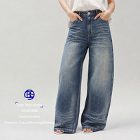 Celana Jeans Wanita High Waist Straight-leg Vintage Biru Denim Washed Longgar Kasual Premium Musim Panas Gugur Kancing Produsen OEM
