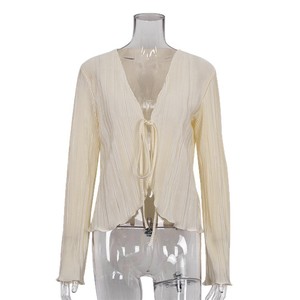 Hot Selling Solid Short Casual Lace-Up Pleated <strong>Plisse</strong> Women's Blouse <strong>Tops</strong> Sexy Chic Summer Cardigan - Product Image 5