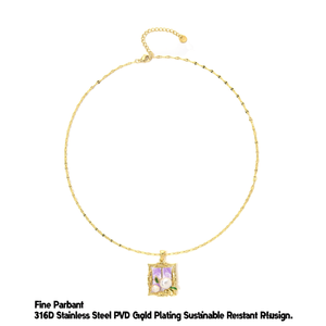 Collar con Colgante Elegante de Acero Inoxidable 316L con Baño de Oro PVD, Diseño Floral Cuadrado Morado, Sostenible y Resistente - Product Image 2