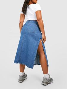 100% Cotton Women Sexy Hot Plus Size Jean <strong>Wrap</strong> <strong>Skirt</strong> Blue High Waisted Side Split Denim Midi <strong>Skirt</strong> - Product Image 3