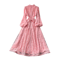 Gaun Midi A-line Berkerah Tegak Elegan untuk Wanita, Lengan Panjang Model Lentera, Berikat Pinggang, Payet, Renda Floral, Kancing Depan, untuk Pesta Musim Semi/Gugur