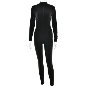 Women's Long Sleeve Zipper Bodysuit Solid Color Round Neck <b>Tight</b> Fit <b>Knitted</b> Polyester Jumpsuit Autumn Winter Wear - Product Image 5