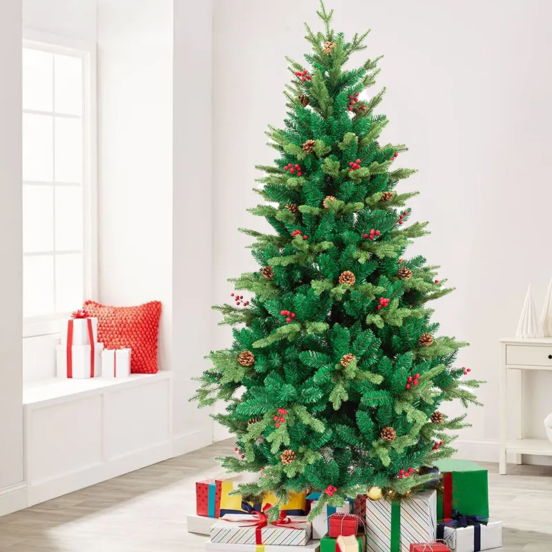 Noel ağaçları üreticileri Xmas ağacı dekorasyon 6 ft yapay noel ağaçları çam konileri ve kırmızı çilek ile akın