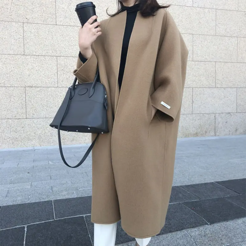 Wholesale 2022 Autumn and Winter New Style Literary Coat Temperament Coat Long Solid Color Fashion Temperament Straight Jacket