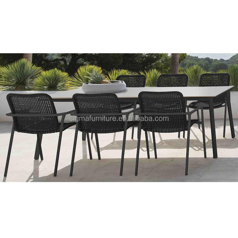 sleek lines outdoor garden furniture set durable powder coated aluminum Rectangular Dining set dining table and 6 pieces chairs