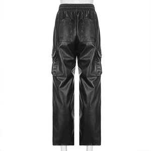 Pantalones Cargo de Cuero para Mujer, Estilo Urbano, Cintura Alta con Cordón, Corte Ancho, para Moda Casual y Urbana - Product Image 4