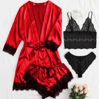 Ensemble de pyjama sexy en satin multi-pièces avec nuisette à col en V, manches trois-quarts et taille élastique en dentelle