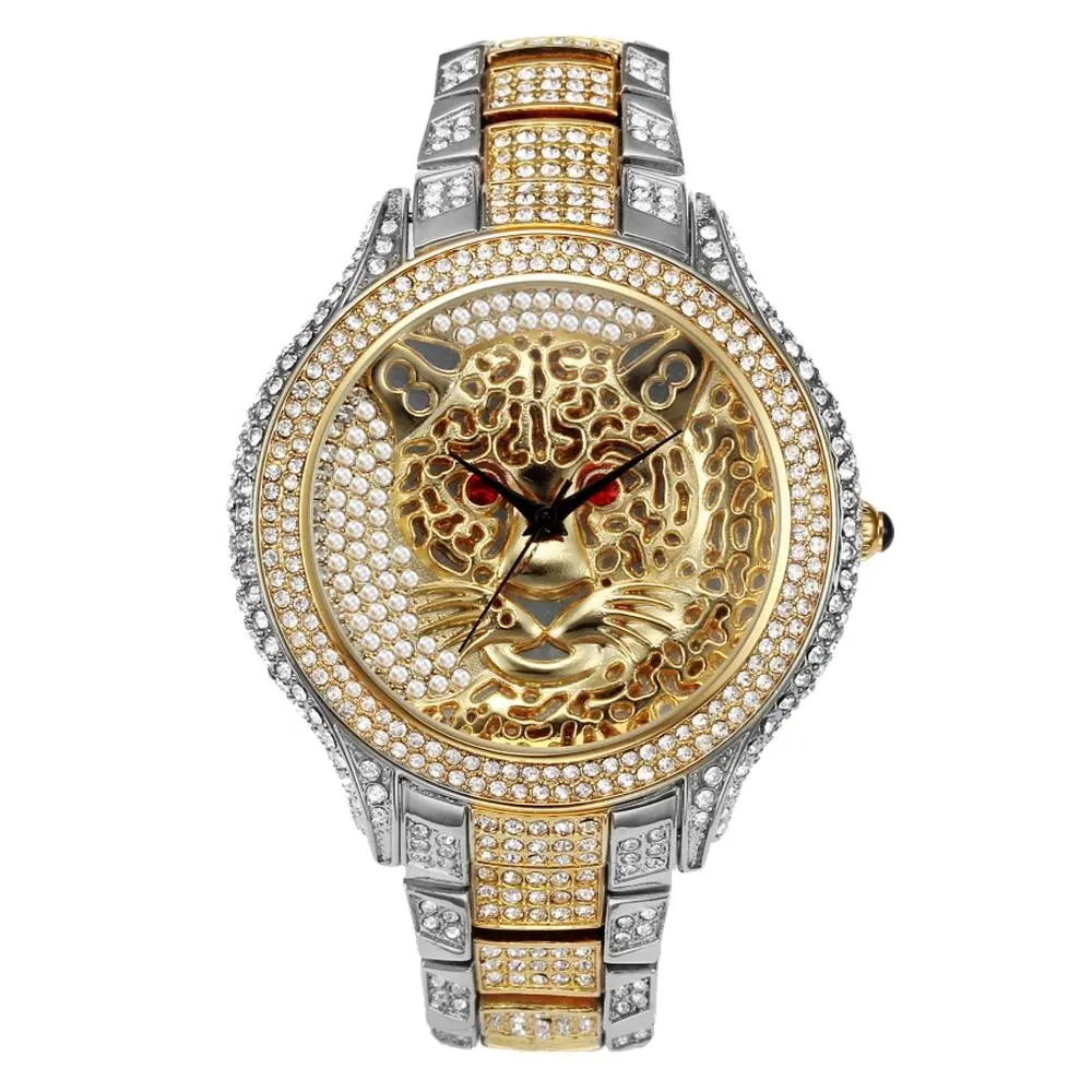 Dropshipping 2021 Tiger Watch Red Gemstone Eye Terror Gold Men Watches Luxury Brand Full Paved Slim Stones Watch With Box New