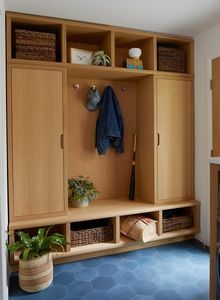 Système d'armoires d'entrée en bois massif Vermonhouzz Custom Farmhouse avec paniers en fil métallique et bancs pour hôtel - Product Image 2
