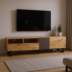 Soporte de TV moderno DB de 80 pulgadas, consola multimedia de madera maciza, muebles para sala de estar, doble espacio de almacenamiento, plegable - Product Image 2