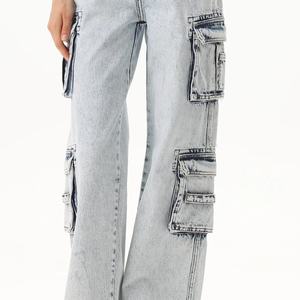 กางเกงยีนส์ขายส่งสั่งทำพิเศษสำหรับผู้หญิง กางเกงลำลองทรงหลวม กางเกงคาร์โก้หลายกระเป๋า กางเกงยีนส์ขากว้างสีน้ำเงิน - Product Image 5