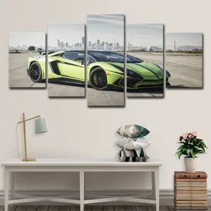 High Resolution 5 Panel Modern Painting Wall Art Poster Sport Super Car Lamborghini Polyester Canvas Print With Water-Proof