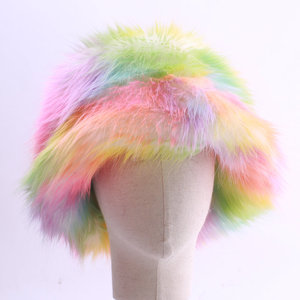 Tie Dye peluche couleur bloquant fausse fourrure seau chapeau femmes floue fête chaud doux multi-couleurs motif renard pêche sport décontracté - Product Image 5