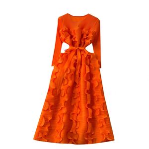 Vestido midi plisado elegante de primavera con cuello redondo, tejido transpirable, antiestático, corte A, ajustado, para mujer, cintura imperio, encaje 3D - Product Image 5