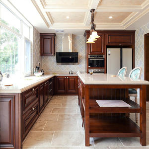 Gabinete de cocina en forma de L moderno de diseño personalizado, gabinetes modulares de madera de cerezo estilo granja, madera maciza Natural para cocinas - Product Image 5