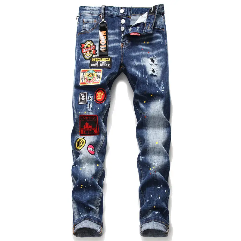 Wholesale new autumn and winter tattered spray paint male slim elastic European and American trend jeans blue thin beggar pants