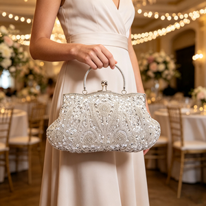 Bolso de mano de noche para mujer, hecho a mano, con cuentas y lentejuelas, cierre de beso, asa superior, cadena de <span class=keywords><strong>serpiente</strong></span> desmontable, para fiesta - Product Image 2