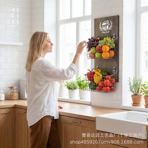 Wooden Wall Mounted Fruit And Vegetable Storage Rack Double Layer Metal Basket Kitchen <b>Potato</b> Onion Organizer - Product Image 3