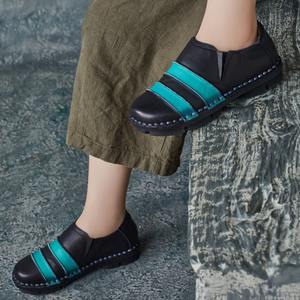 Nouveauté Automne Mocassins en Cuir de Vachette Style Rétro Ethnique à Bout Rond, Color Block, Chaussures Décontractées - Product Image 3