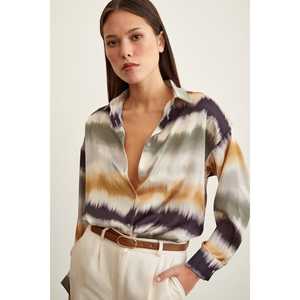 Camisa de Satén con Estampado de Acuarela para Mujer, Blusa Casual con Botones para Uso Diario, Color Caqui - Product Image 1