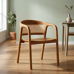Fauteuil de salle à manger en teck avec dossier en rotin naturel, chaise d'appoint en forme de baril - Product Image 2