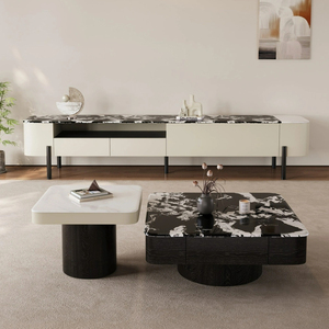 Ensemble table basse et meuble <span class=keywords><strong>TV</strong></span> de luxe minimaliste, plateau en pierre frittée (motif pierre noir-blanc) et armoire en bois - Product Image 1