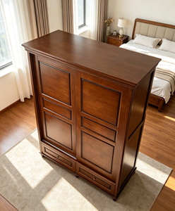 Armario Espacioso con Puertas Corredizas de Madera Maciza y Cajones, Armario de Almacenamiento de Ropa para Dormitorio, Estilo Retro Nogal - Product Image 4