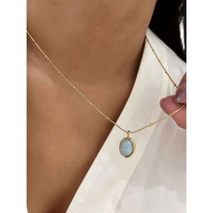 Kalung baja tahan karat Oval biru langit Cymophane Opal 316L kalung lapis emas 18K batu bening perhiasan antik Perancis wanita - Product Image 2