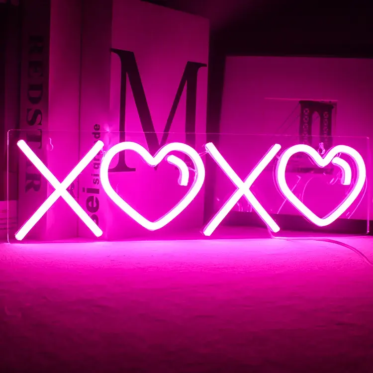 Hot Sale Custom Peach Heart Fork LED Xoxo Neon Sign Wall Hanging Birthday Wedding Xmas Clear Acrylic Neon Light