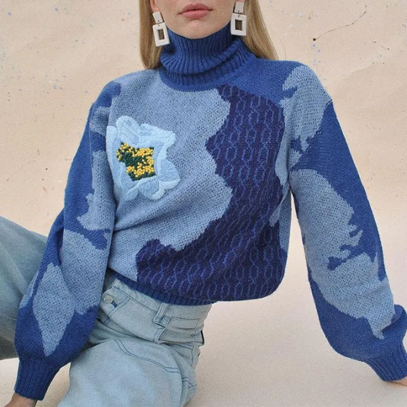 Winter Fashion High Quality Custom Vintage Cotton Logo Embroidered Jacquard Long Sleeve Turtlenecks Pullover Women Sweater