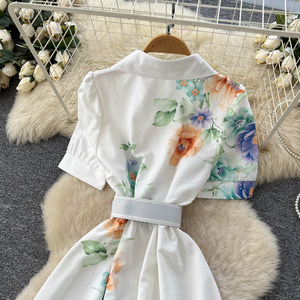 Robe chemise élégante imprimée de style français pour femme, version coréenne à manches courtes printemps-été, taille haute, coupe trapèze longue - Product Image 6