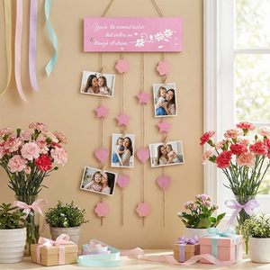 Support <span class=keywords><strong>photo</strong></span> en bois rose avec pinces et ficelle pour collage de photos de la fête des Mères, <span class=keywords><strong>tableau</strong></span> d'affichage mural en bois - Product Image 3