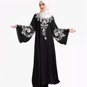Abbigliamento islamico di alta qualità Ramadan Eid Abayas ricamo floreale stile caftano abiti lunghi musulmani neri Dubai Hijab <span class=keywords><strong>Abaya</strong></span> - Product Image 3