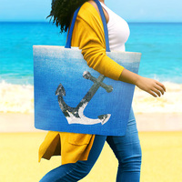 Nuevo diseño personalizado azul lentejuelas ancla playa vacaciones yute arpillera bolso de mano ISO abaca Lino arpillera bolsas de tela