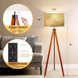 Lámpara de pie LED con trípode de estilo tambor moderno personalizado, mármol líquido marfil marrón Beige con pantalla de madera con Control remoto para decoración del hogar - Product Image 3