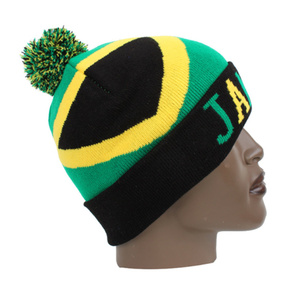 Factory Custom Jamaica <strong>Flag</strong> Pom Pom Knit Ski Beanie Hat Cap Jamaica Reggae Jacquard Knitted Winter Beanie Hat - Product Image 2