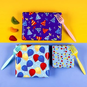 Custom Eco-Friendly Birthday Theme Gift Wrap <b>Paper</b> Roll Blue <b>Red</b> Balloons Party Hats Double Sided Coated Art <b>Paper</b> 100GSM - Product Image 5